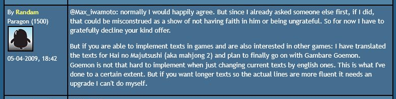 Randam explaining on MSX.org that fluent English text would require an upgrade to Ganbare Goemon